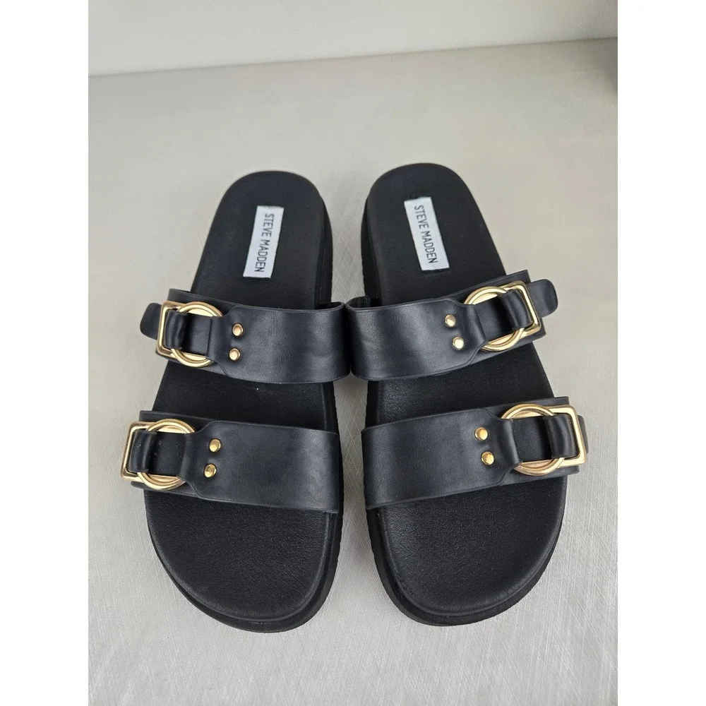 Steve Madden Hanni Black Platform Slide Sandals Gold Buckle Womens 8.5M - Picture 10 of 12